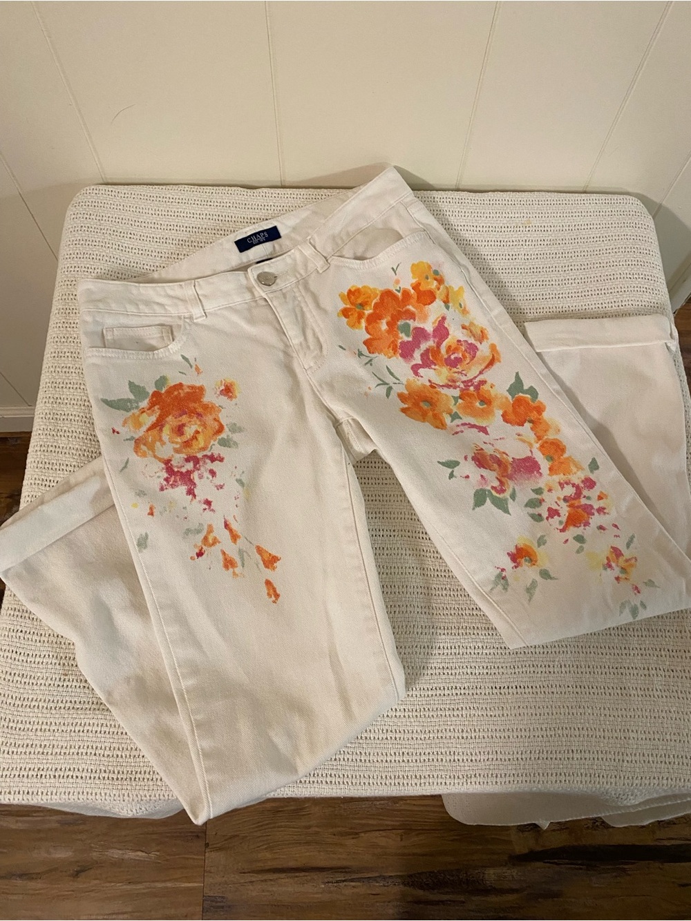 Chaps White Straight Leg Jeans with Orange and Pink Floral Print